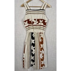 Jerell Of Texas 1980's Natural 100% Linen Cream Brown Dress‎ Women's Floral
